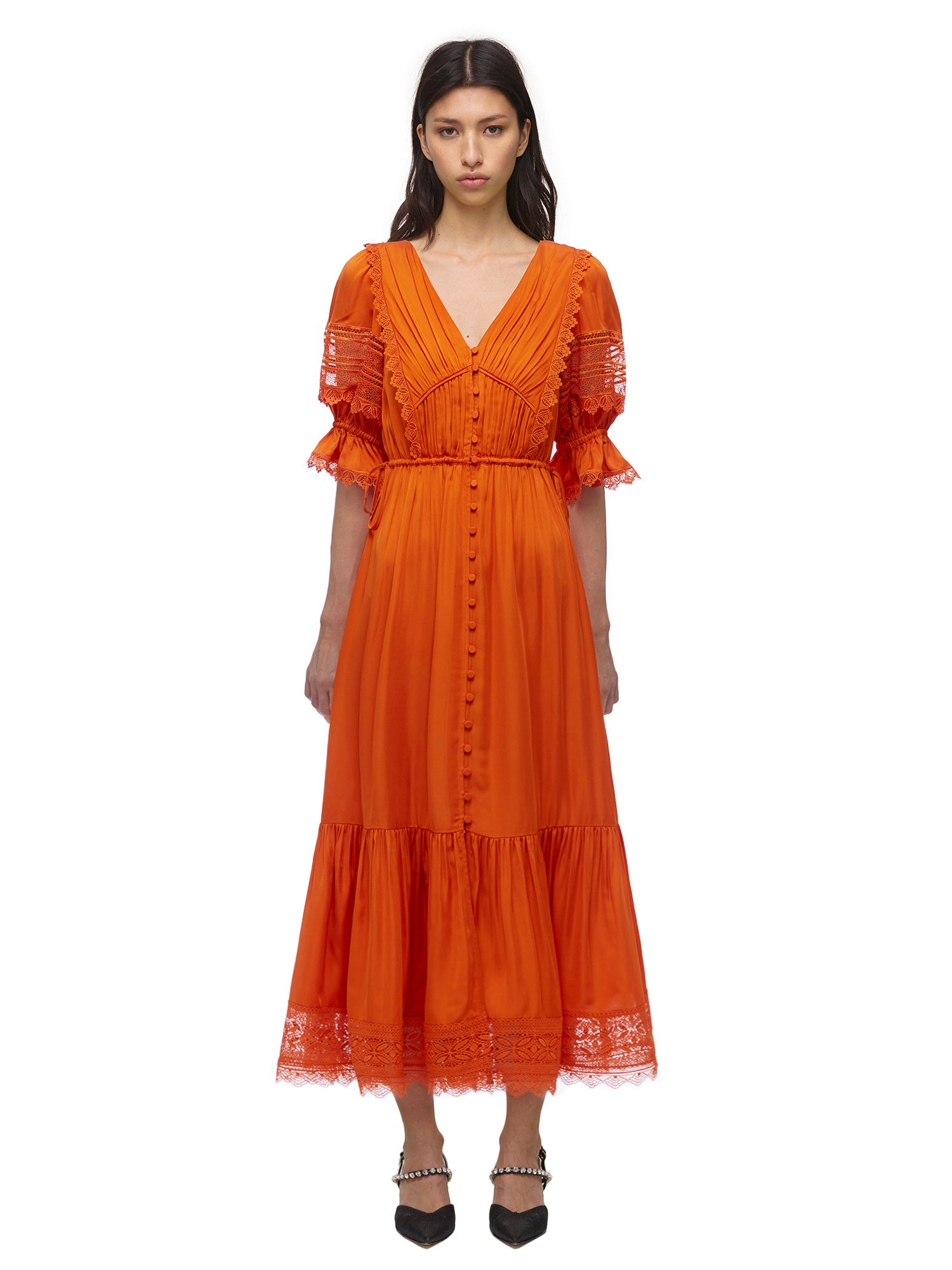 Burnt Orange Lace Trim Midi Dress ...